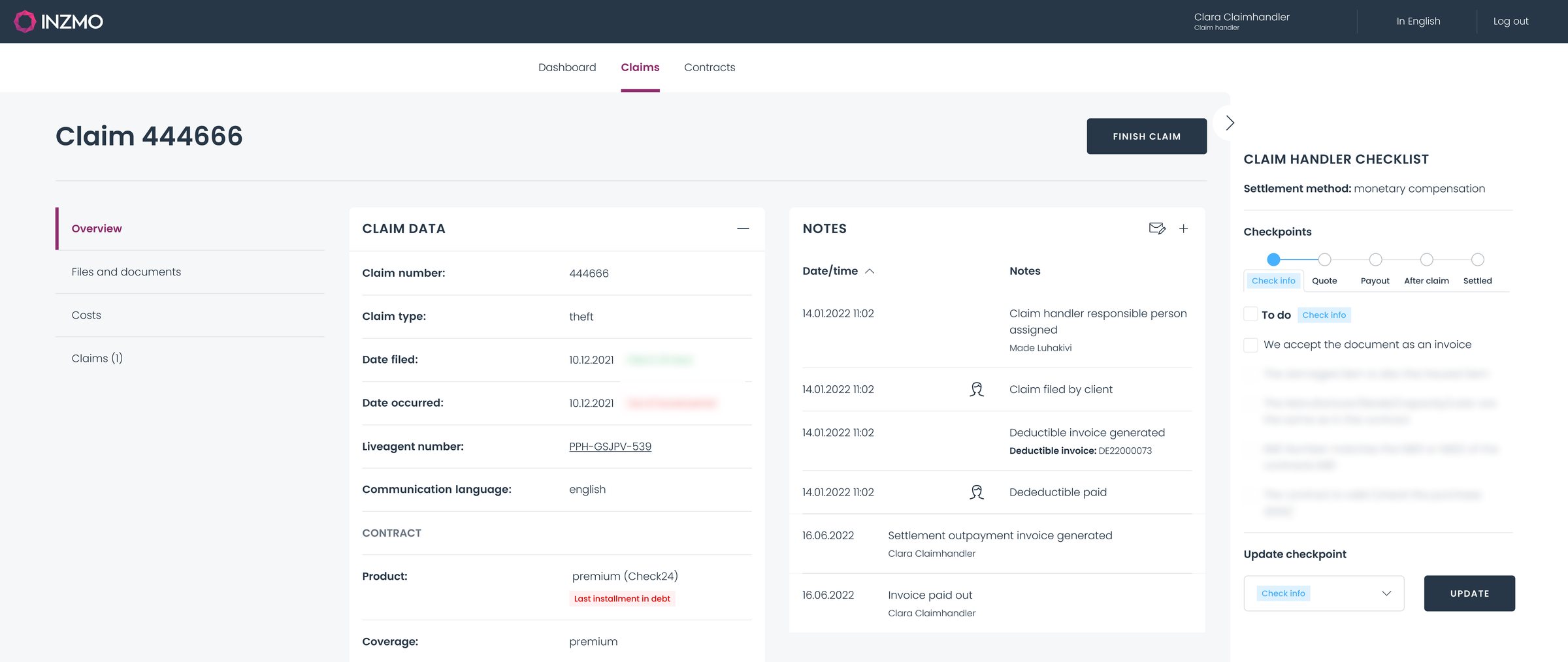 Inzmo claim admin panel with claim handler checklist